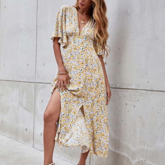 Boho Butterfly Sleeve V neck Midi Dress Yellow - Picture 6 of 6